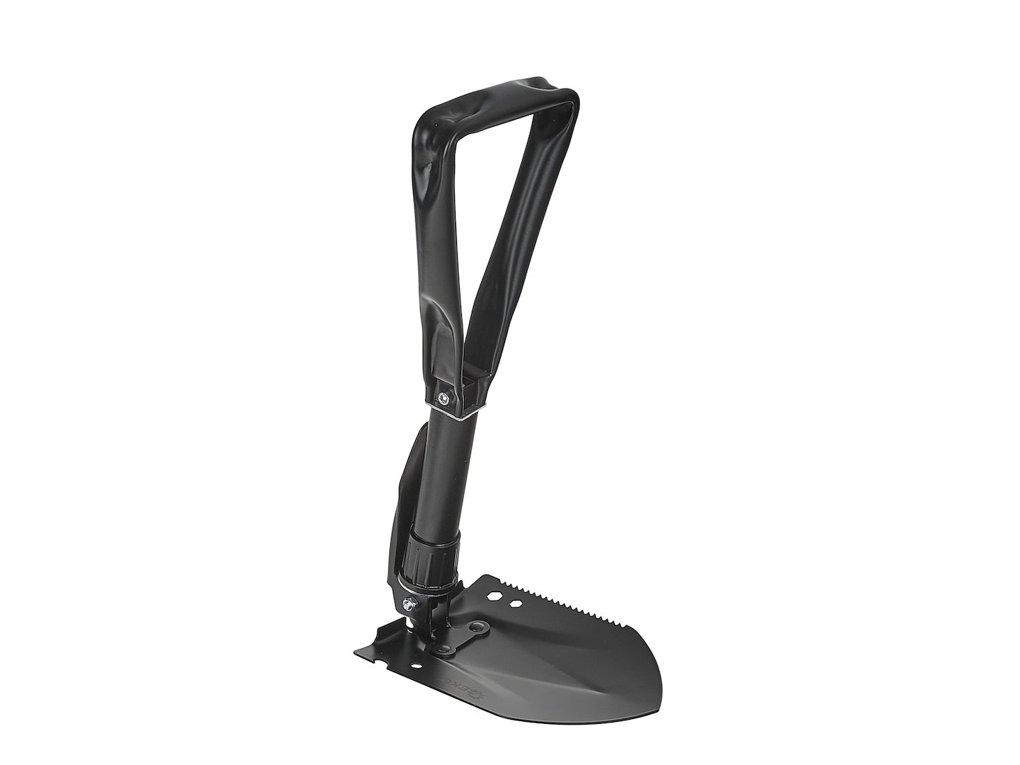 Czarna saperka składana z metalowym ergonomicznym uchwytem typu D, częściowo rozłożona