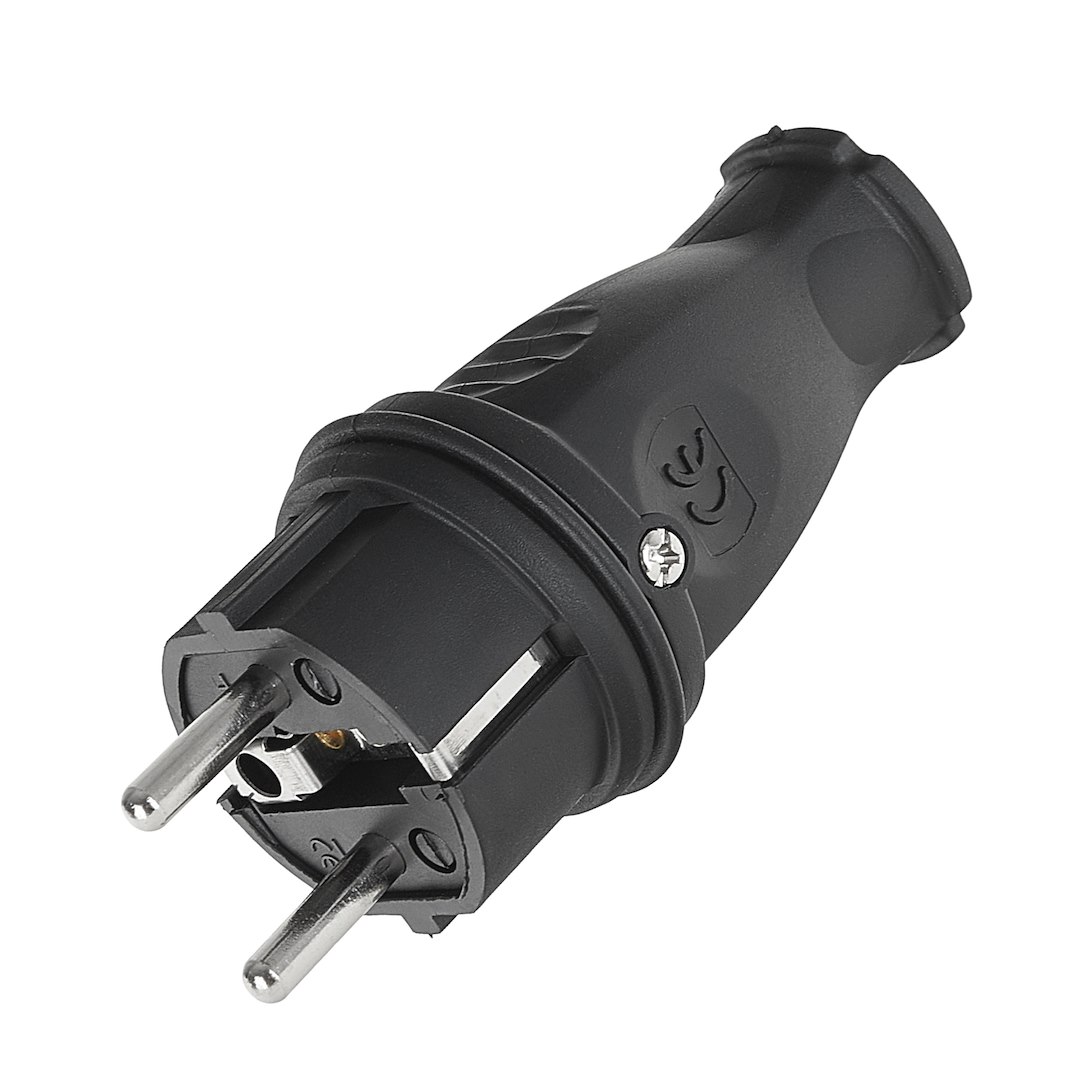 Czarna gumowa wtyczka 16A IP44 230V typu E/F z metalowymi bolcami i zabezpieczeniem kabla