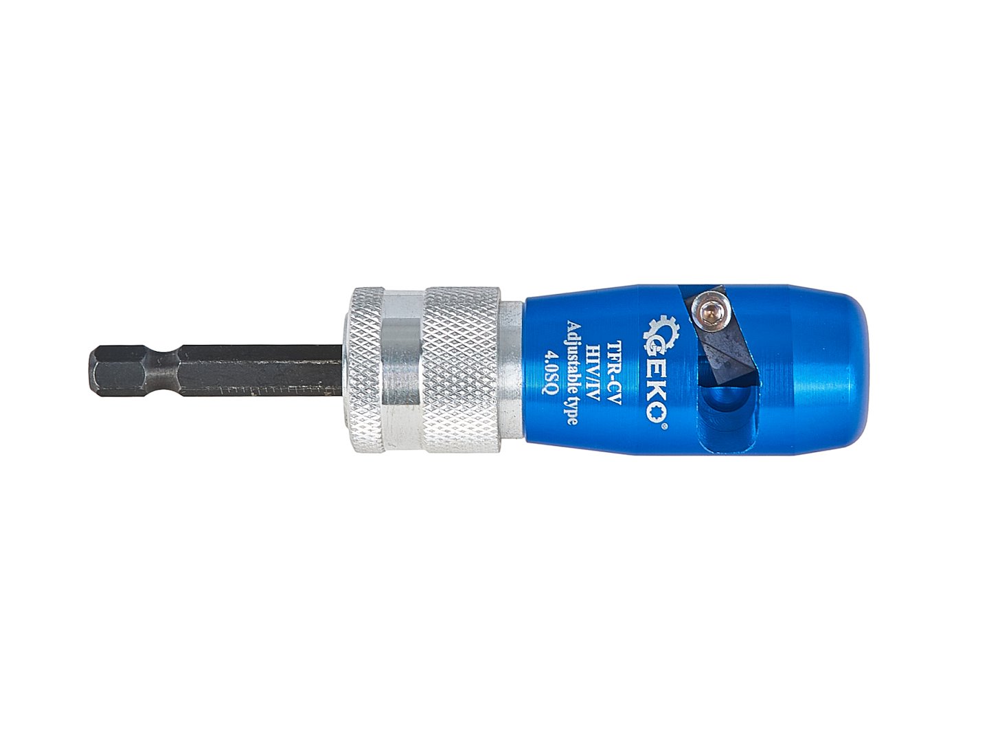 Adapter do nakrętek przewodów Geko na wkrętarkę z niebieskim aluminiowym korpusem i uchwytem 1/4" HEX