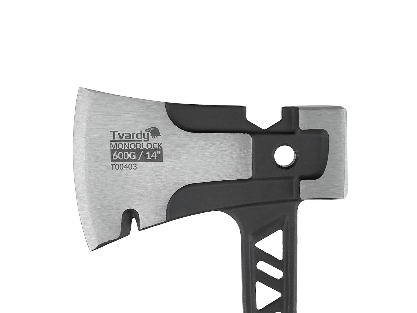 Siekiero-młot Tvardy 600g z ostrzem i perforowanym uchwytem, technologia monoblock widok/zbliżenie na sam trzon głowicy