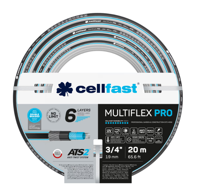 Wąż ogrodowy Cellfast MULTIFLEX PRO ATS2 3/4" 20 m, 6-warstwowy, odporny na skręcanie, podwójny oplot
