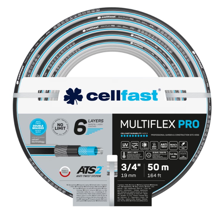 Wąż ogrodowy Cellfast MULTIFLEX PRO ATS2 3/4 cala długości 50 m z 6-warstwowym oplotem krzyżowo-trykotowym