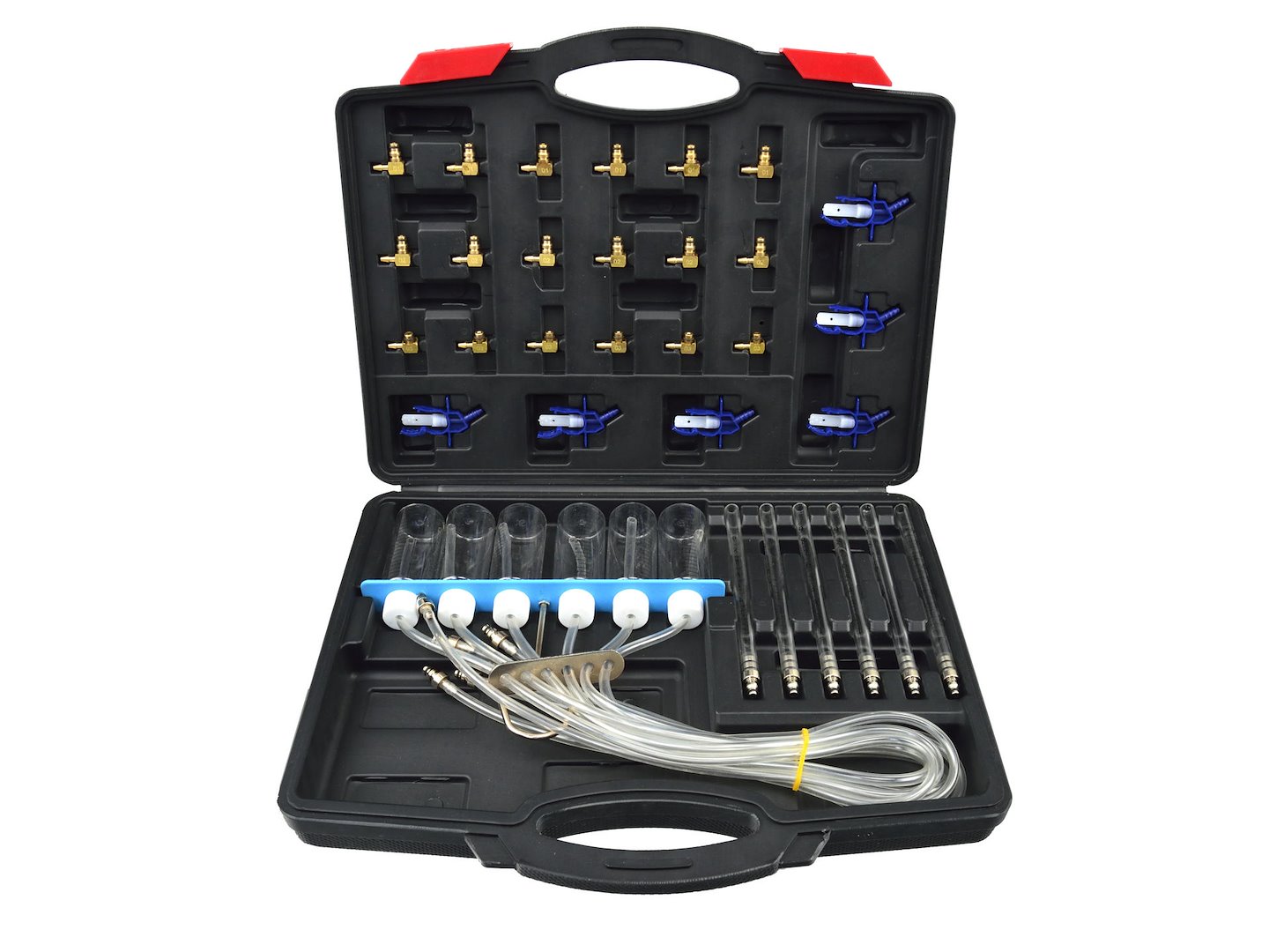 Tester do wtryskiwaczy Common Rail w czarnym etui z 24 adapterami i 12 menzurkami do pomiaru przepływu paliwa