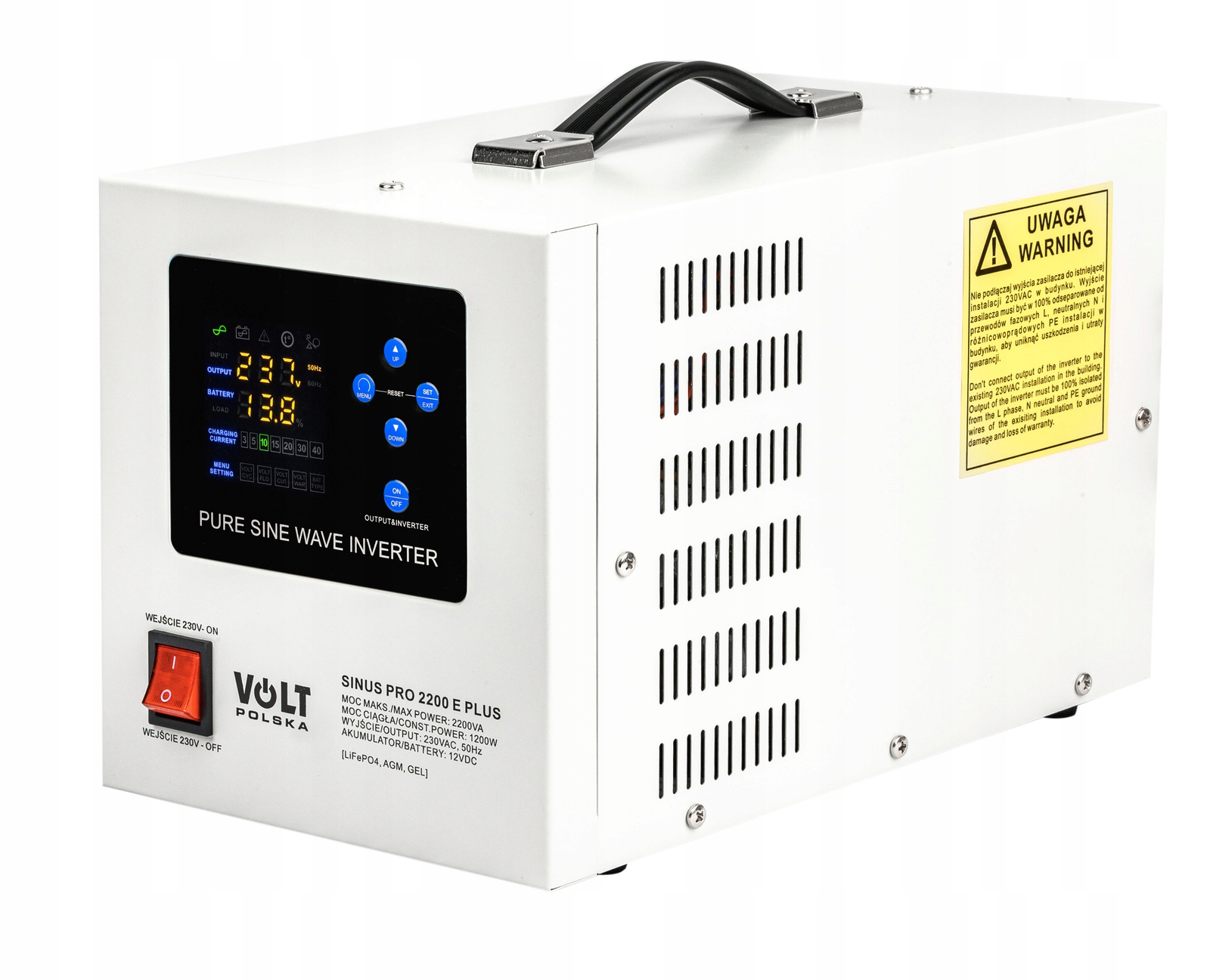 Zasilacz awaryjny SINUS PRO 2200 E PLUS 12V z kolorowym wyświetlaczem i uchwytem, obudowa metalowa
