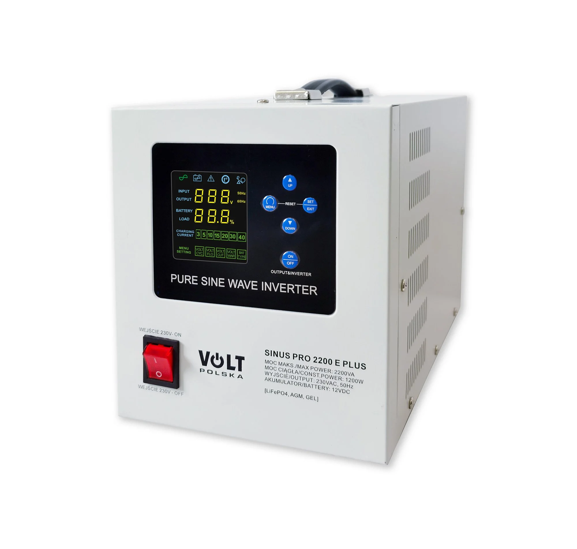 Zasilacz awaryjny SINUS PRO 2200 E PLUS 12V o mocy 1200W z wyświetlaczem i przyciskami sterującymi