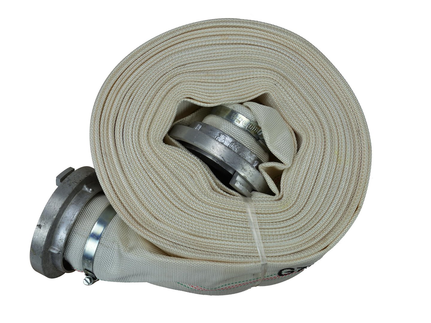 Zwinięty biały wąż strażacki parciany 3 cale 20 m z metalowymi szybkozłączkami