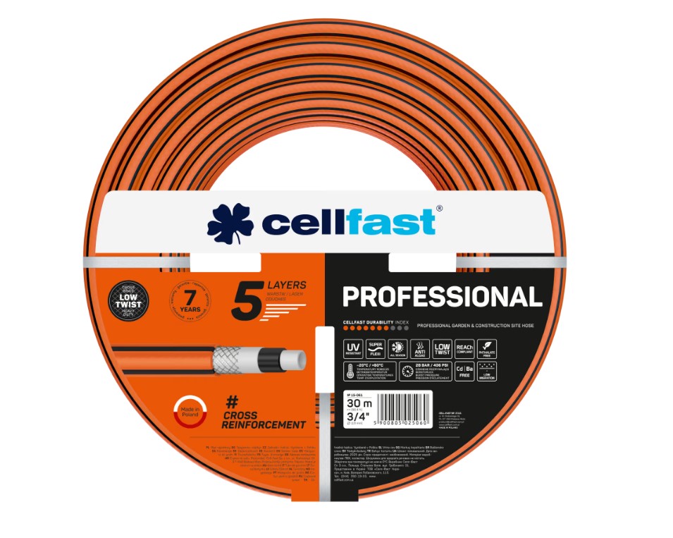 Wąż ogrodowy Cellfast Professional 3/4 cala o długości 30m, 5-warstwowy z krzyżowym oplotem