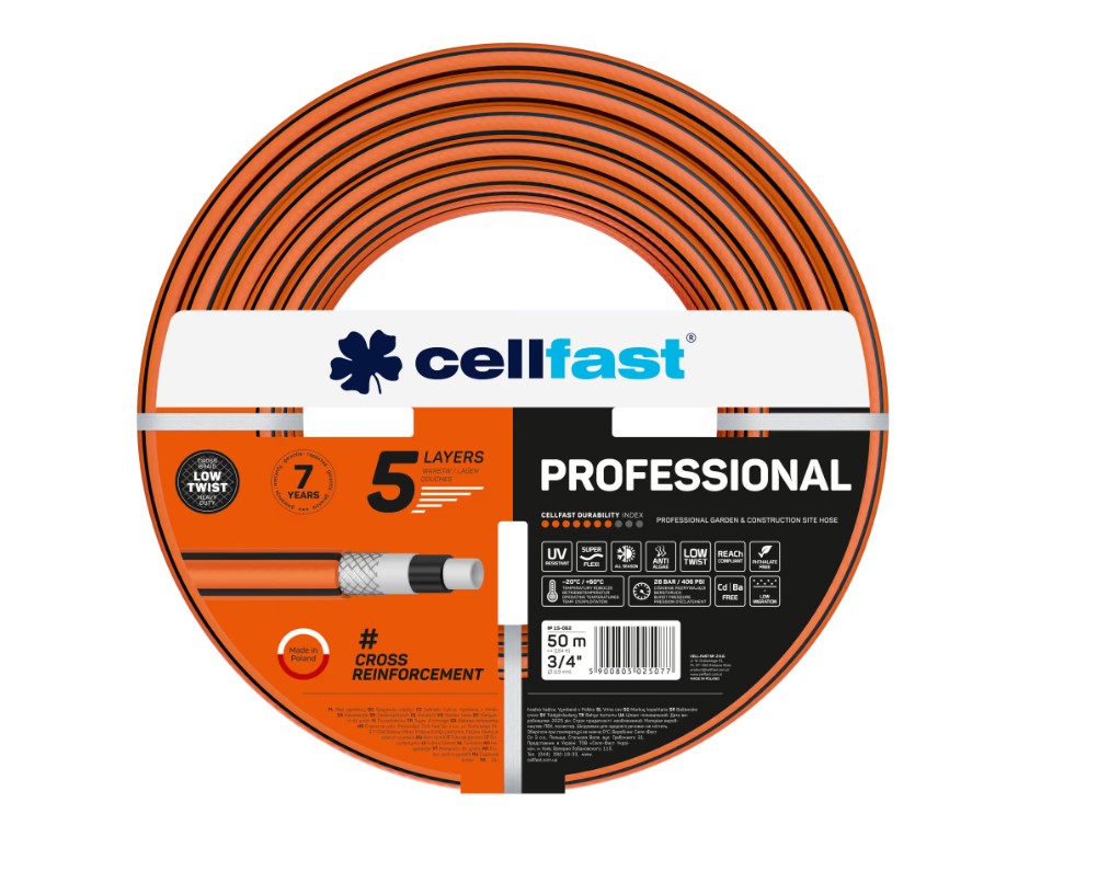 Wąż ogrodowy Cellfast Professional 3/4" 50m z 5-warstwową konstrukcją i oplotem krzyżowym