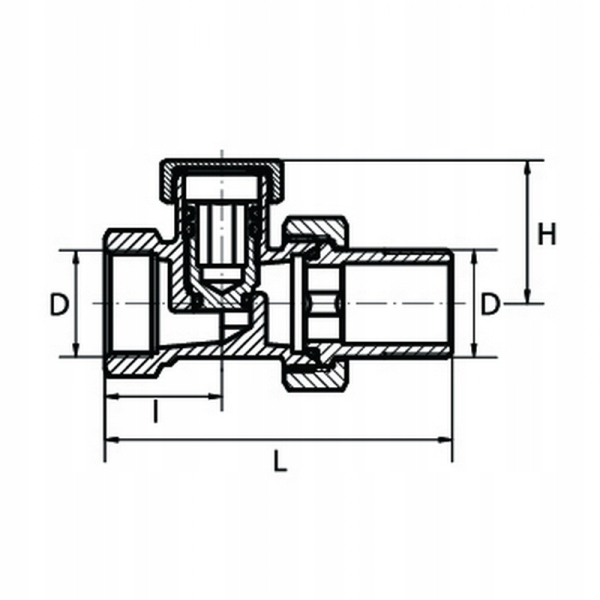 Przekrój zaworu powrotnego prostego 1/2 GOSHE do grzejnika z wymiarami L 66 mm, D G 1/2, H 27 mm