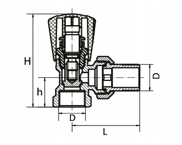 Zawór grzejnikowy kątowy 1/2 z dławikiem, przekrój z wymiarami H 65 mm, D 1/2 cala, h 23 mm, L 52 mm