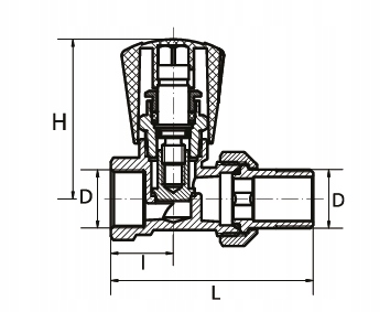Przekrój zaworu zasilającego prostego 1/2 z dławikiem, wymiary H 57 mm, D 1/2 cala, I 22 mm, L 72 mm