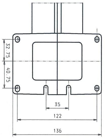 Przód wentylatora WPA 117 K z kołnierzem i wymiarami montażowymi 136x73, z czterema otworami na śruby