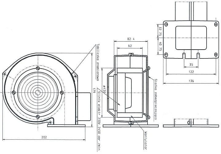 Wentylator promieniowy WPA 117 K rysunek techniczny z wymiarami i widokiem z trzech stron