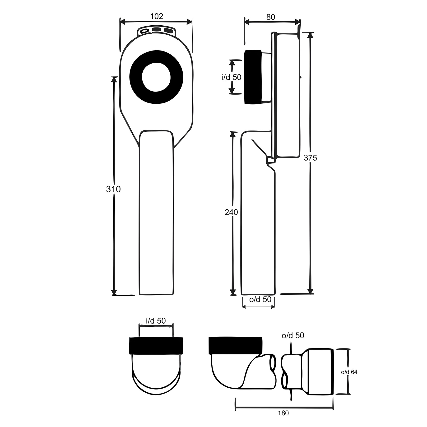 Syfon pisuarowy podtynkowy 50x50 mm poziomy i pionowy z wymiarami technicznymi