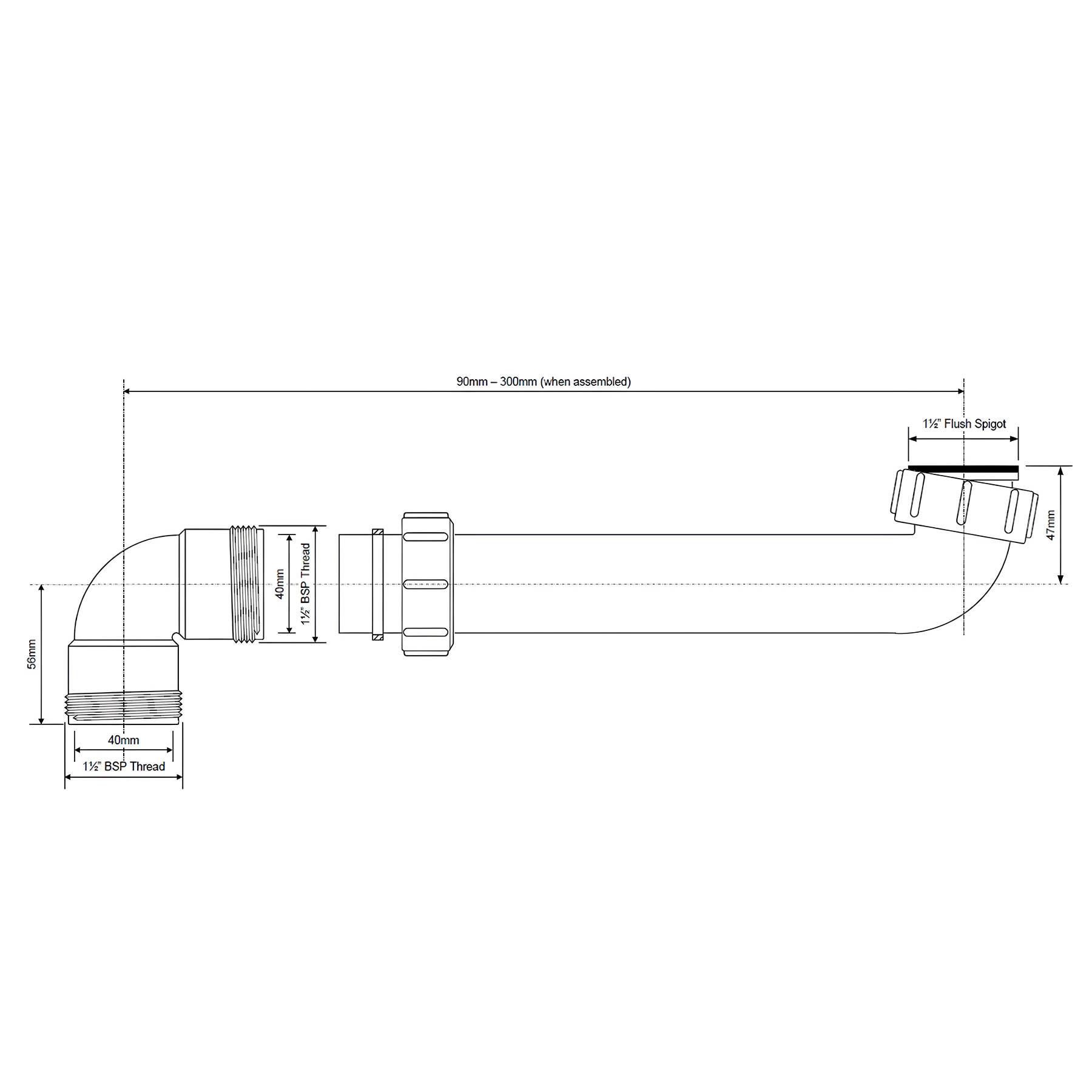 Przedłużka do syfonu zlewozmywakowego McALPINE 1 1/2" x 1 1/2" z wymiarami technicznymi