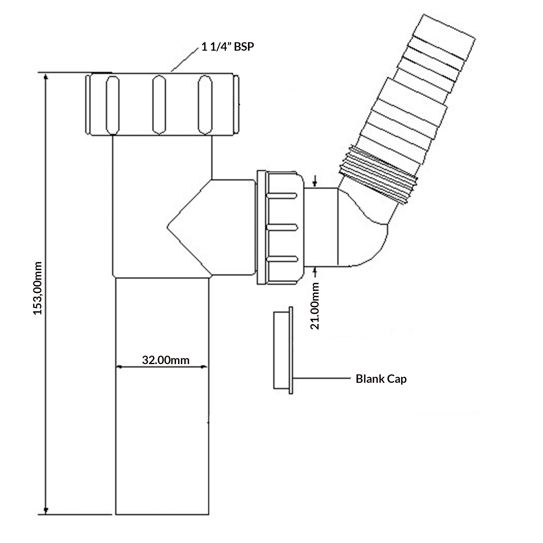 Przedłużka pionowa do syfonu umywalkowego 1 1/4" BSP z króćcem do pralki, wymiary 153x32 mm