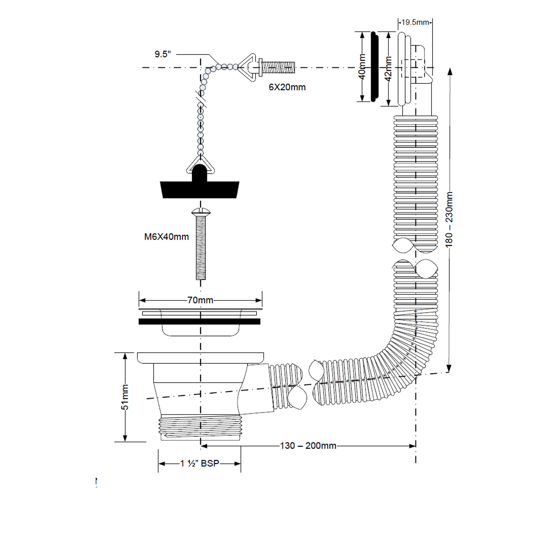 Spust zlewozmywakowy 1 1/2"x70mm z przelewem, gumowy korek na łańcuszku, sitko ze stali nierdzewnej, elastyczne rury