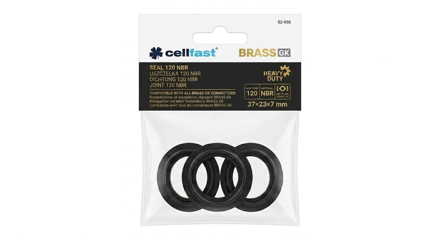 Trzy czarne uszczelki 120 NBR BRASS GK o wymiarach 37×23×7 mm w opakowaniu Cellfast