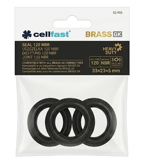 Zestaw 3 czarnych uszczelek 120 NBR BRASS GK 33×23×5 mm w przezroczystym opakowaniu Cellfast