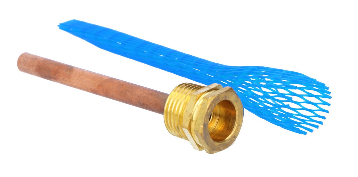 Miedziana tuleja zanurzeniowa 7x8 mm z gwintem 1/2 cala, o długości 120 mm i niebieską osłoną plastikową