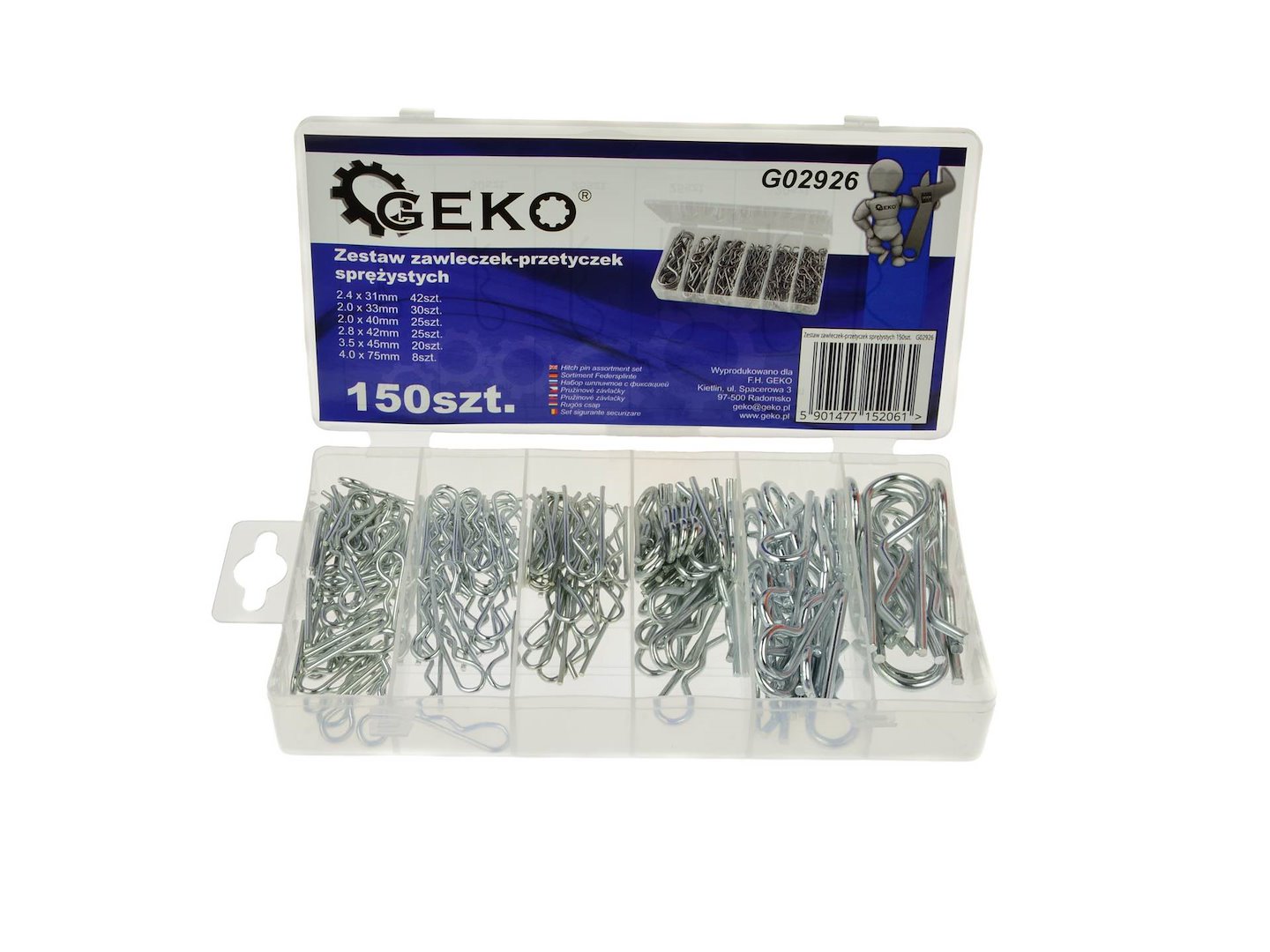 Zestaw 150 zawleczek sprężystych Geko w plastikowym pudełku z 6 przegródkami
