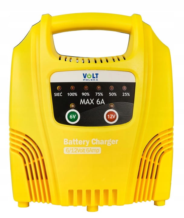 Żółty automatyczny prostownik VOLT MOBI DUO 6/12V 6A z wskaźnikami LED i wygodną rączką