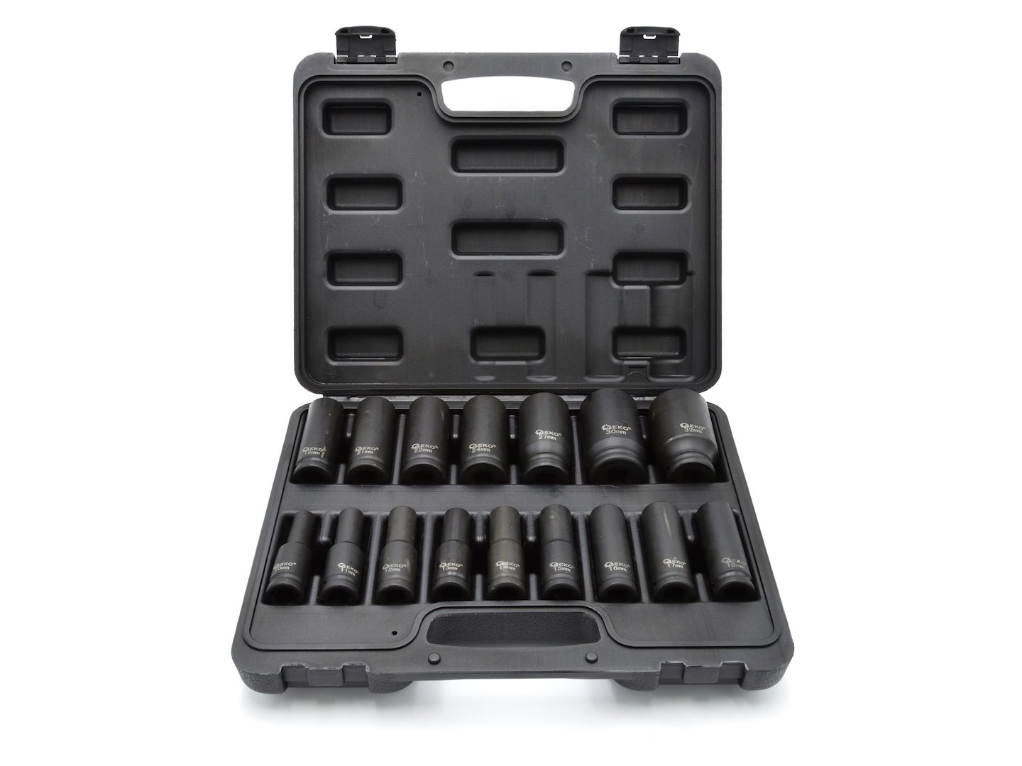 Zestaw 16 długich nasadek udarowych 1/2 cala 10-32 mm w czarnej walizce