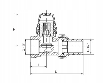 Przekrój zaworu powrotnego prostego 1/2 z oznaczeniem wymiarów H, I, L i gwintem G 1/2