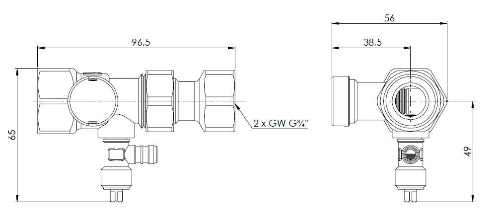 Szybkozłącze ASK do naczynia wzbiorczego z zaworem rewizyjnym 3/4" GW, wymiary techniczne