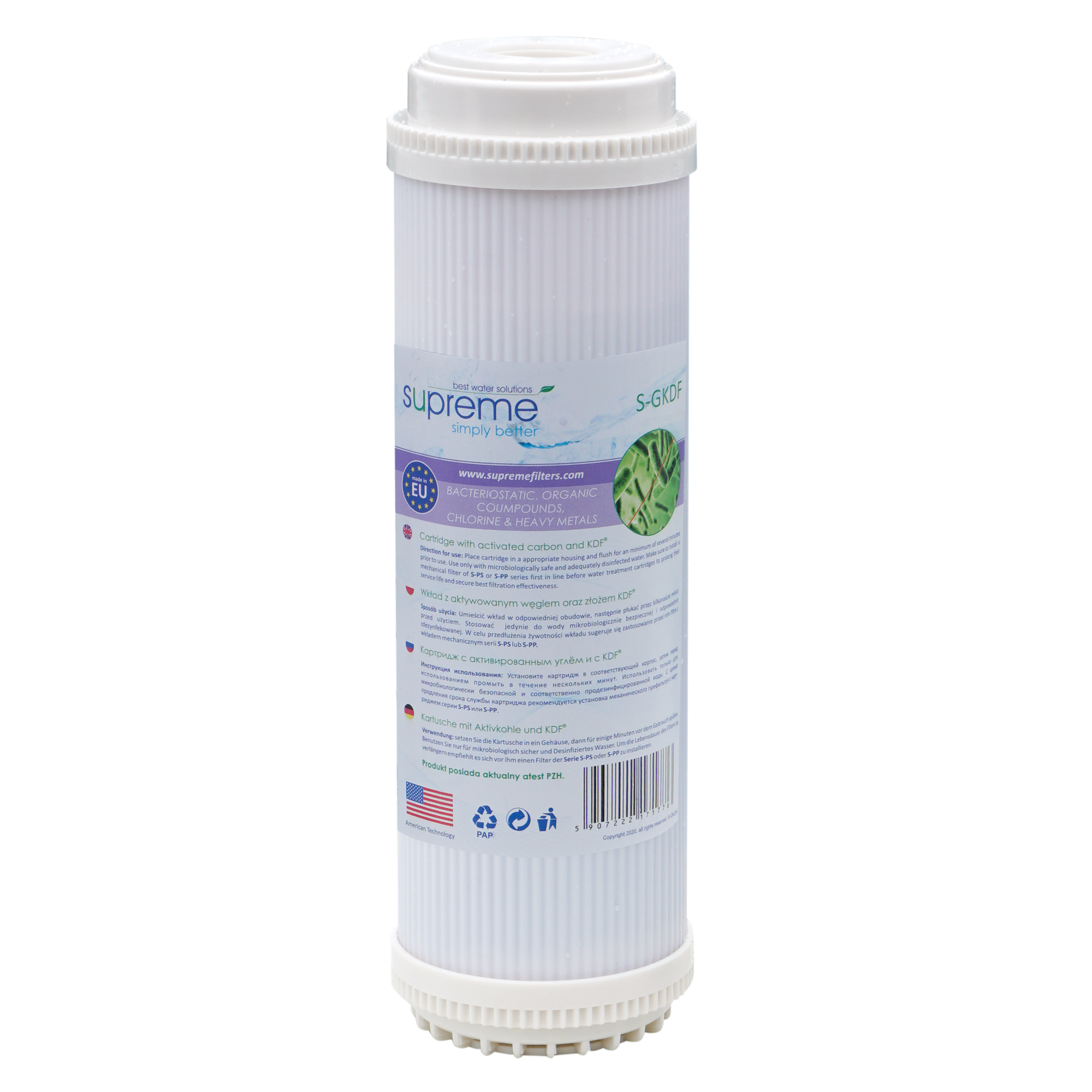 Wkład filtrujący Supreme S-GKDF z aktywowanym węglem i złożem KDF, biały, cylindryczny, 10 calowy marki Supreme