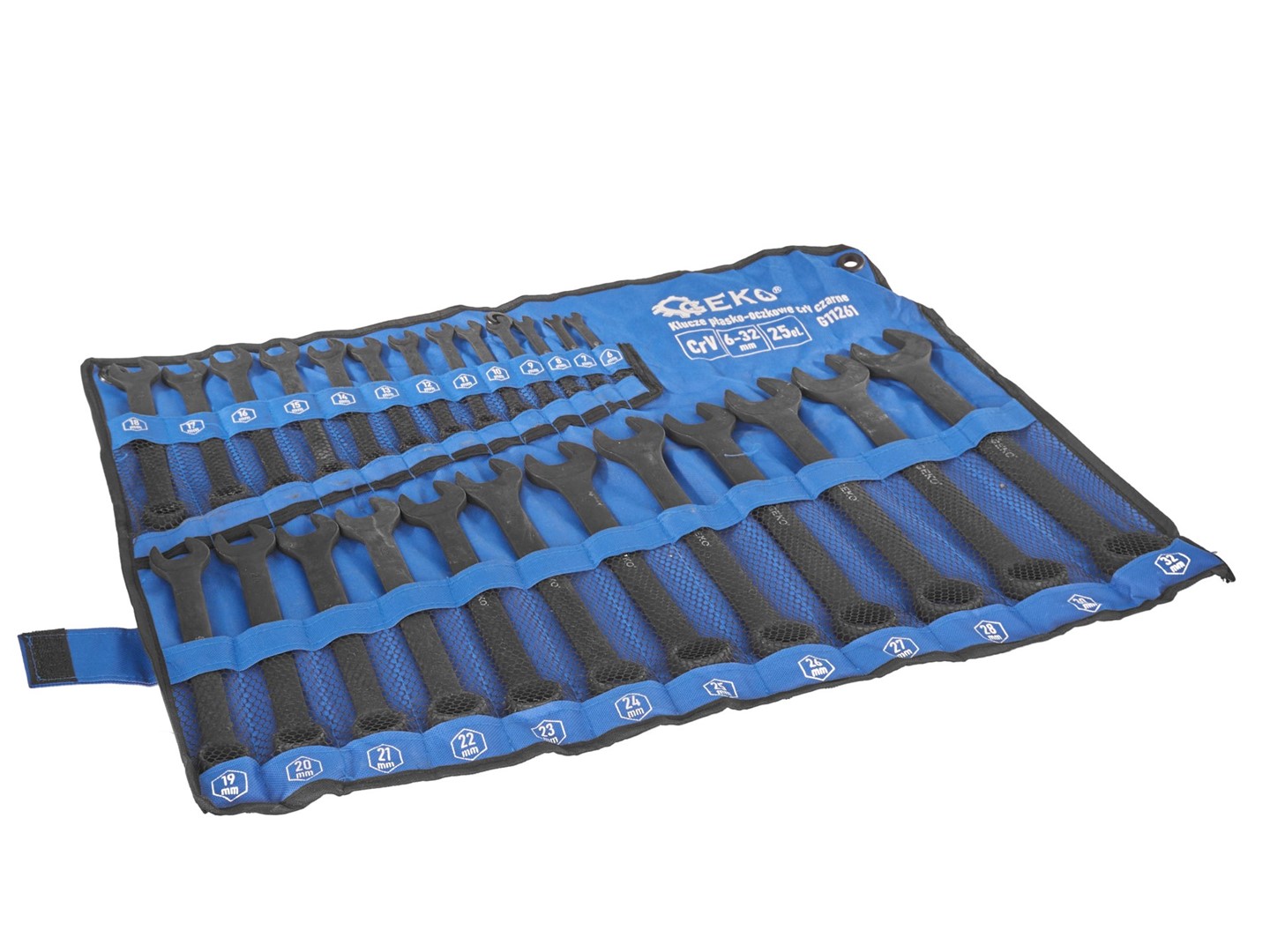Zestaw 25 czarnych kluczy płasko-oczkowych 6-32 mm w niebieskiej płachcie z rzepem