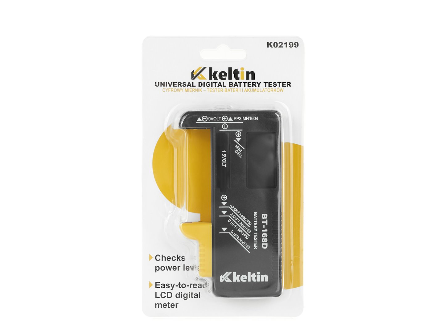 Cyfrowy tester baterii Keltin BT-168D z czytelnym wyświetlaczem LCD i oznaczeniami typów baterii