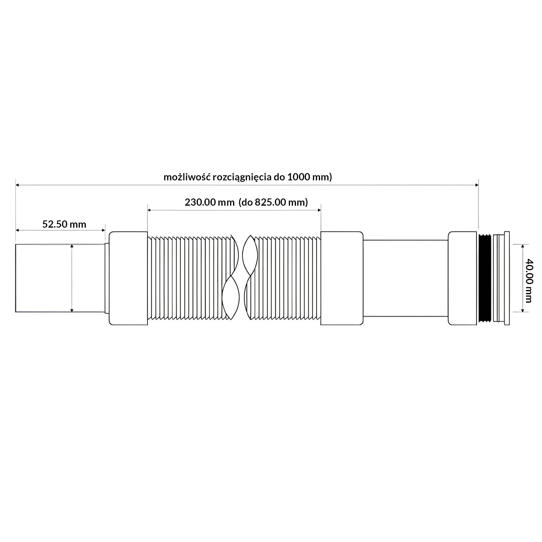 Złączka montażowa harmonijkowa 40x40 mm z regulacją długości do 1000 mm z końcówkami mufową i prostą