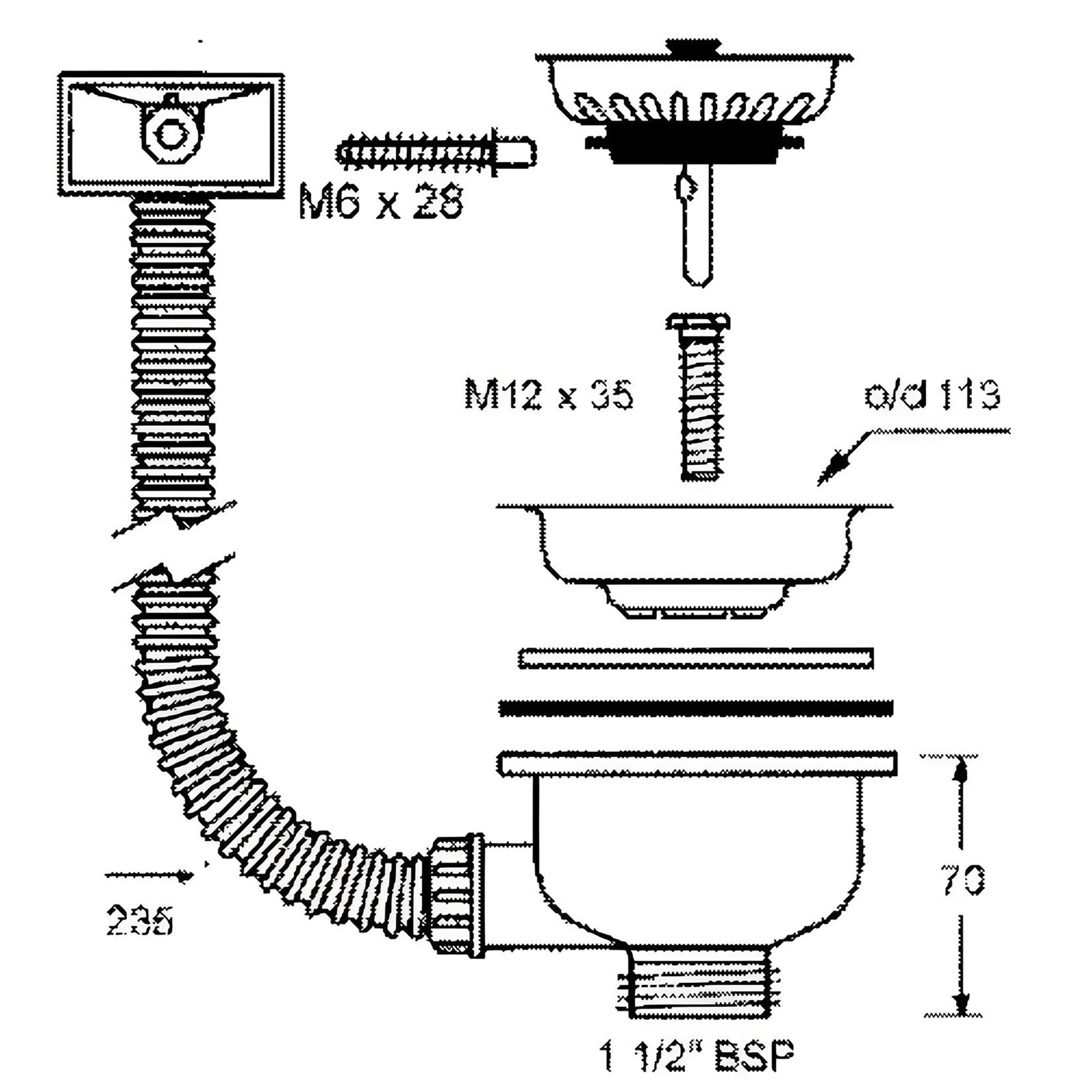 Schemat spustu zlewozmywakowego 1 1/2" x 113 mm z sitkiem i elastycznym odpływem