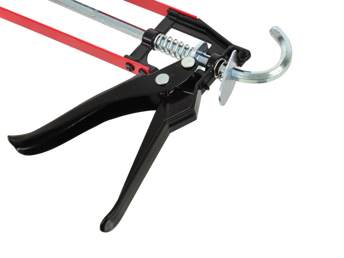 Szkieletowy pistolet wyciskacz do silikonu GEKO z czerwonymi uchwytami i metalowym hakiem