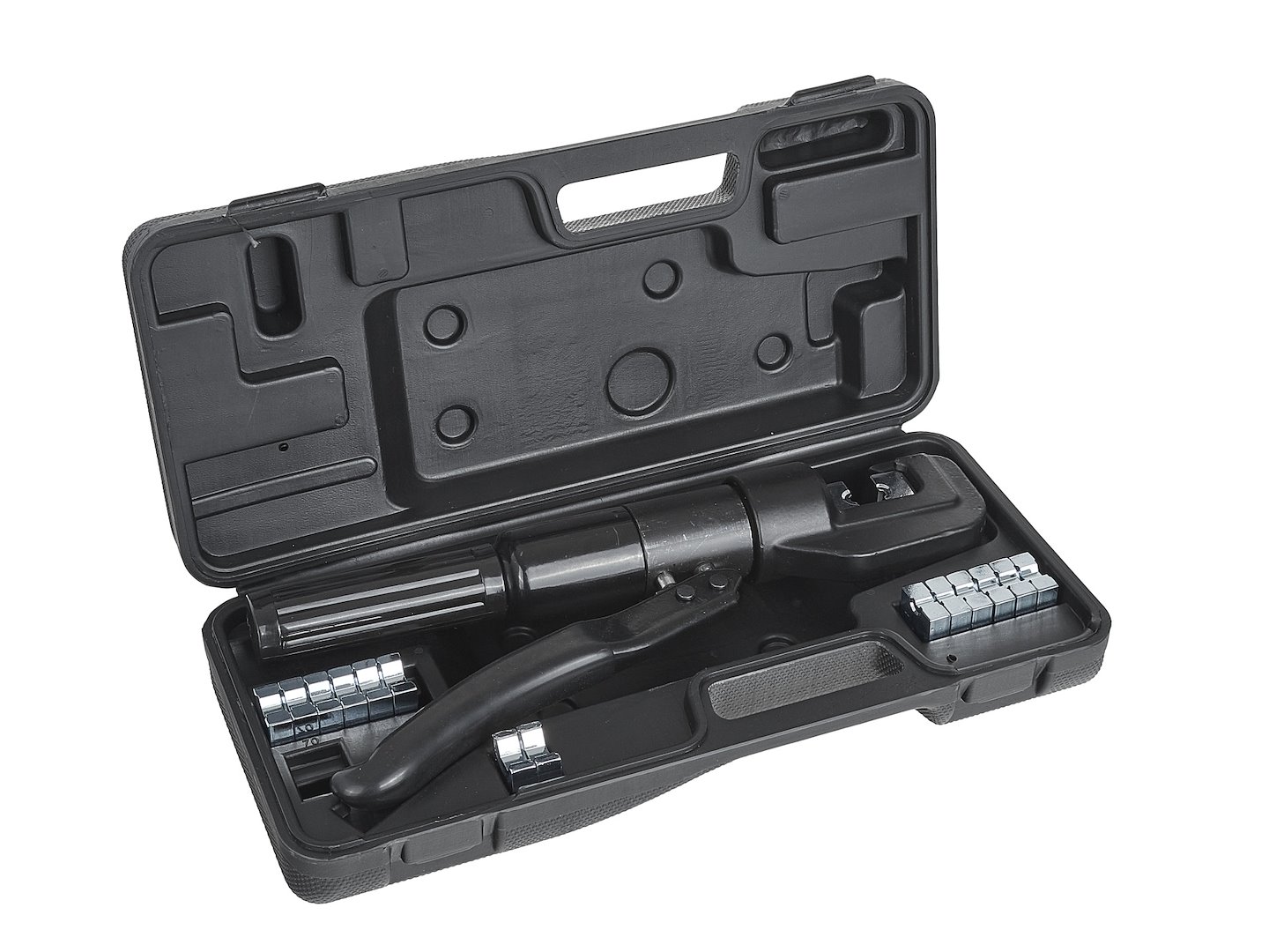 Zaciskarka hydrauliczna do kabli 6T z 14 wymiennymi matrycami i czarną walizką transportową