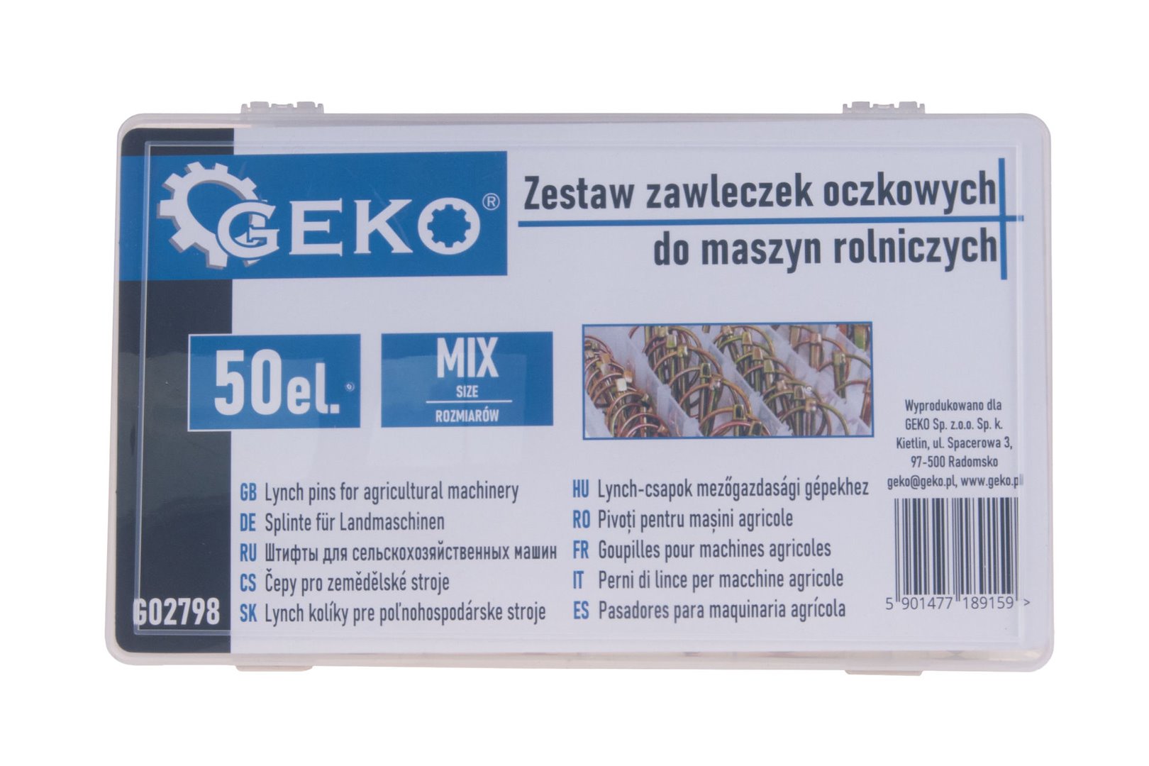 Zestaw 50 zawleczek oczkowych do maszyn rolniczych GEKO w przezroczystym sortowniku