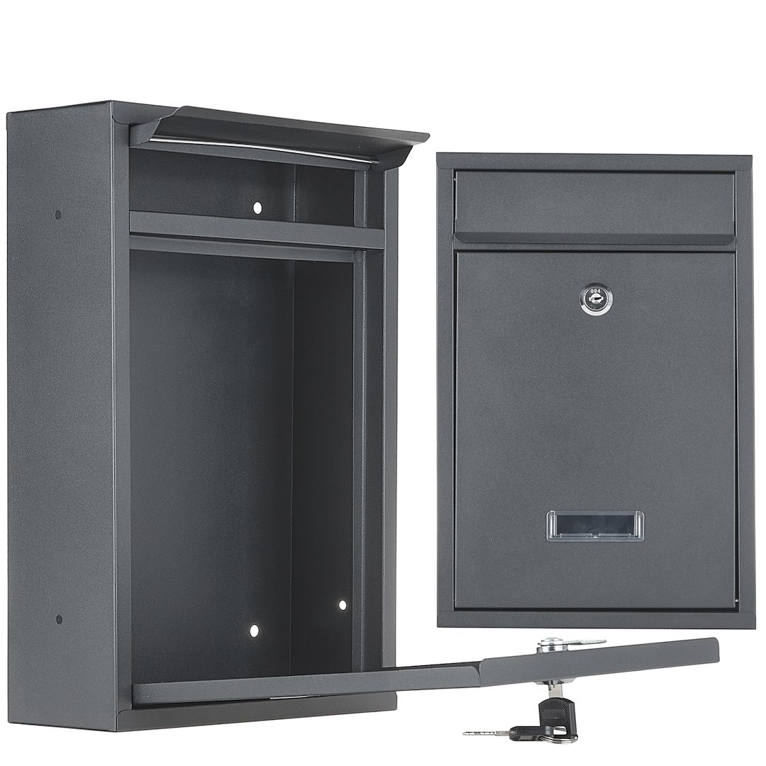 Metalowa czarna skrzynka na listy o wymiarach 320x215x80mm z klapką i zamkiem na kluczyk