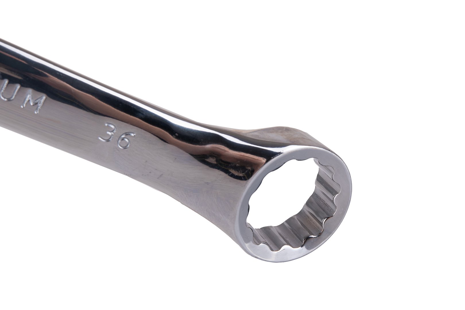Polerowany klucz płasko-oczkowy 36 mm z 12-kątną, wygiętą główką, stal CRV