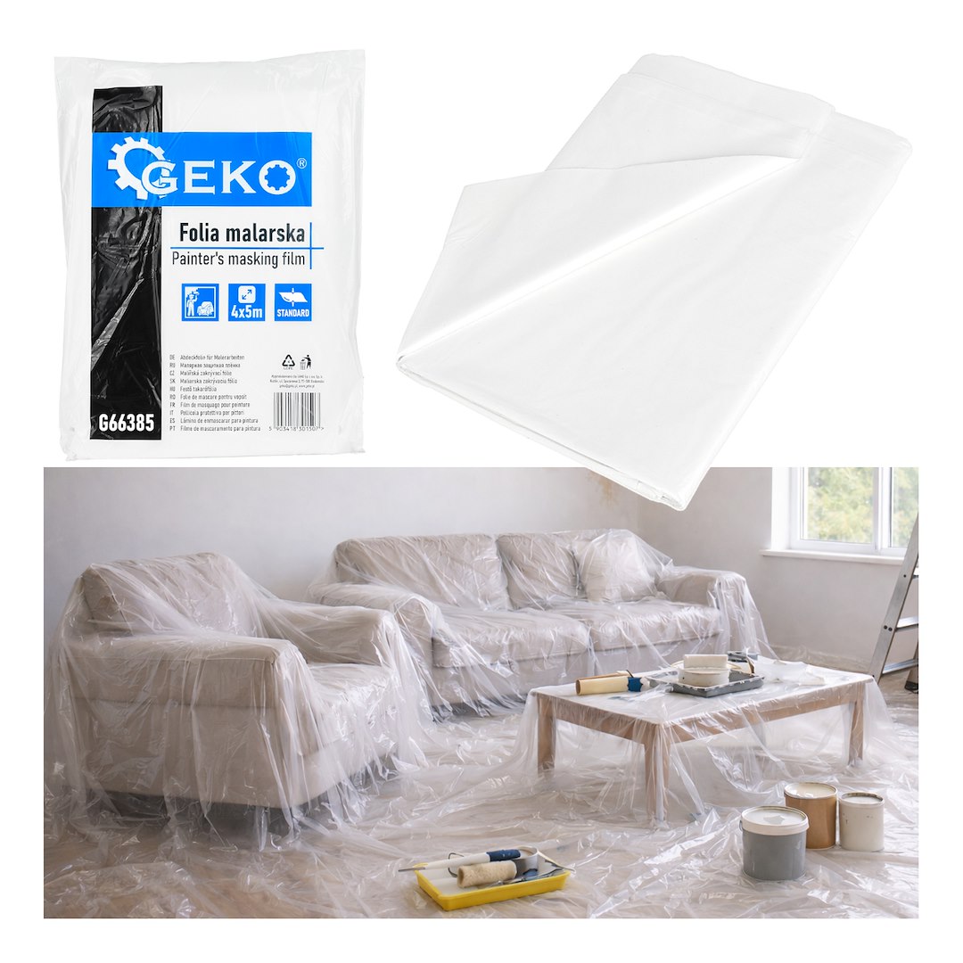 Transparentna folia malarska HDPE 4x5 m na meblach i podłodze do ochrony podczas remontu