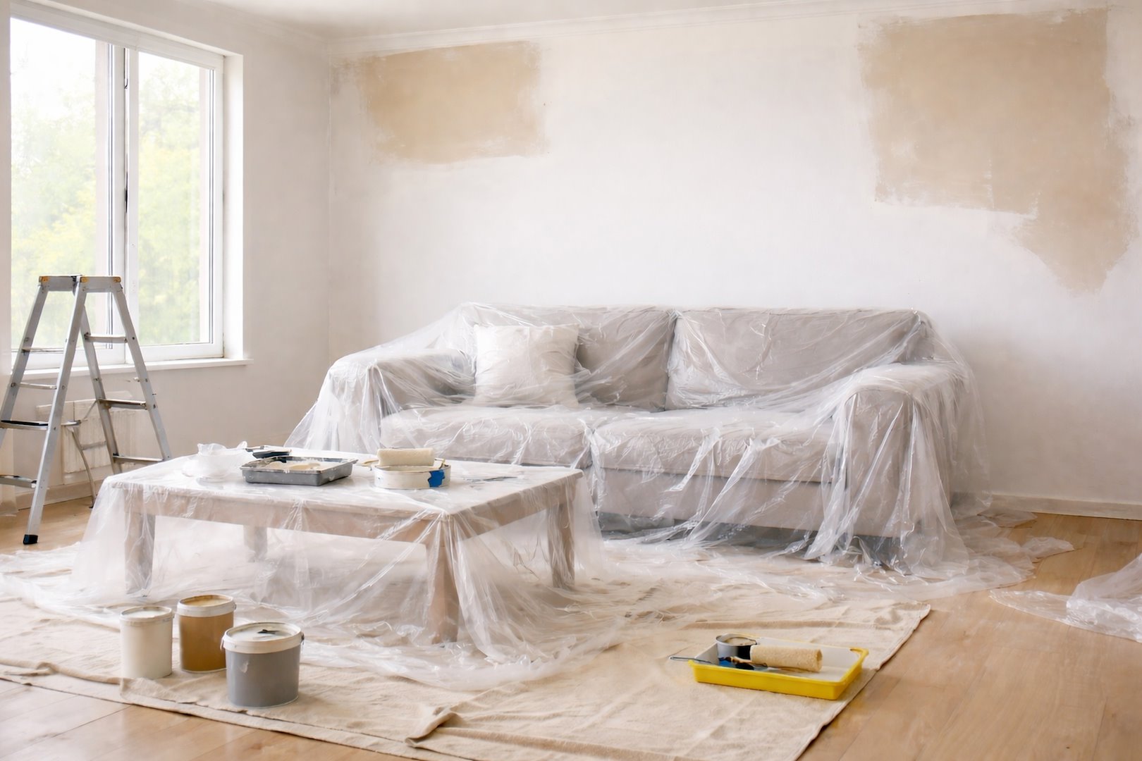 Sofa i stolik zabezpieczone przezroczystą folią malarską HDPE podczas remontu