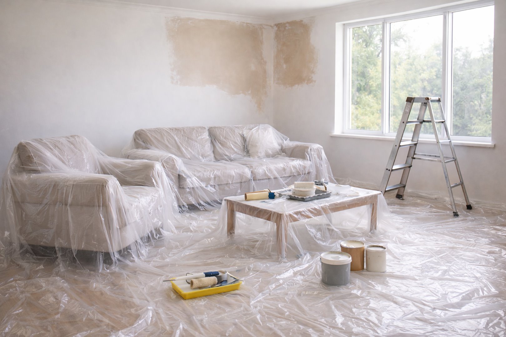 Transparentna gruba folia malarska zabezpieczająca meble i podłogę podczas remontu
