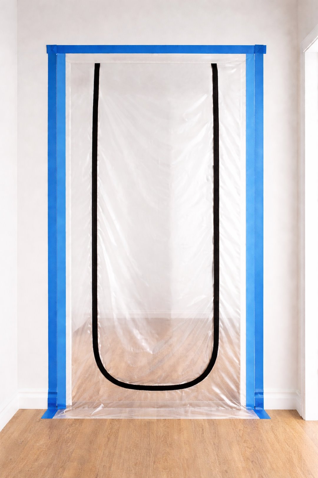 Przezroczysta folia przeciwpyłowa z zamkiem U, przymocowana taśmą malarską do framugi drzwi