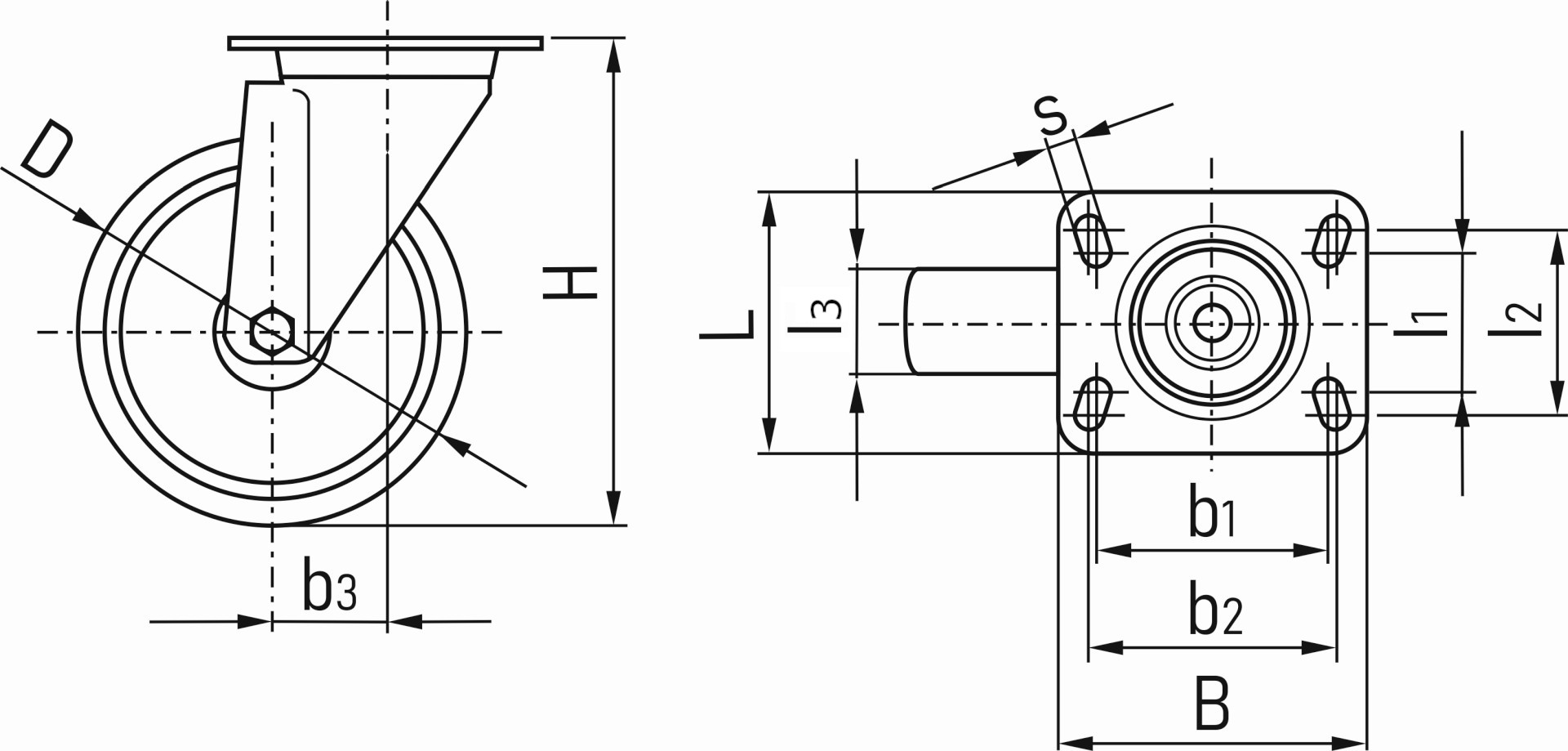 Rysunek techniczny stalowego koła stałego 100mm z wymiarami i płytą montażową