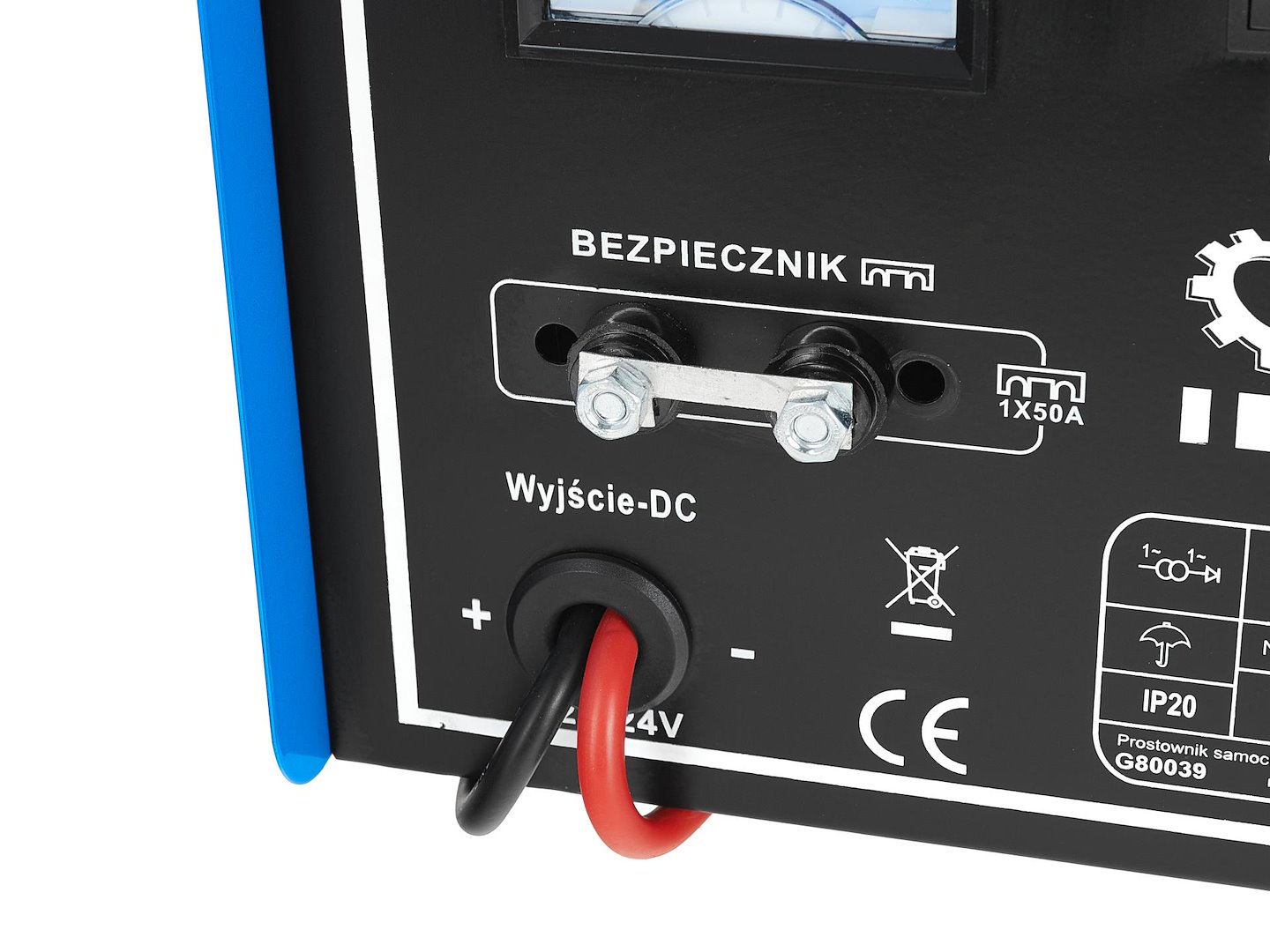 Prostownik samochodowy 12/24V GZL-50 z bezpiecznikiem 50A i wyjściem DC z czerwonym i czarnym kablem