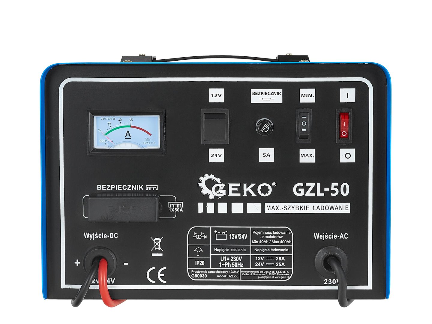 Prostownik samochodowy GZL-50 GEKO 12/24V z metalową obudową, wskaźnikiem, przełącznikami i uchwytem