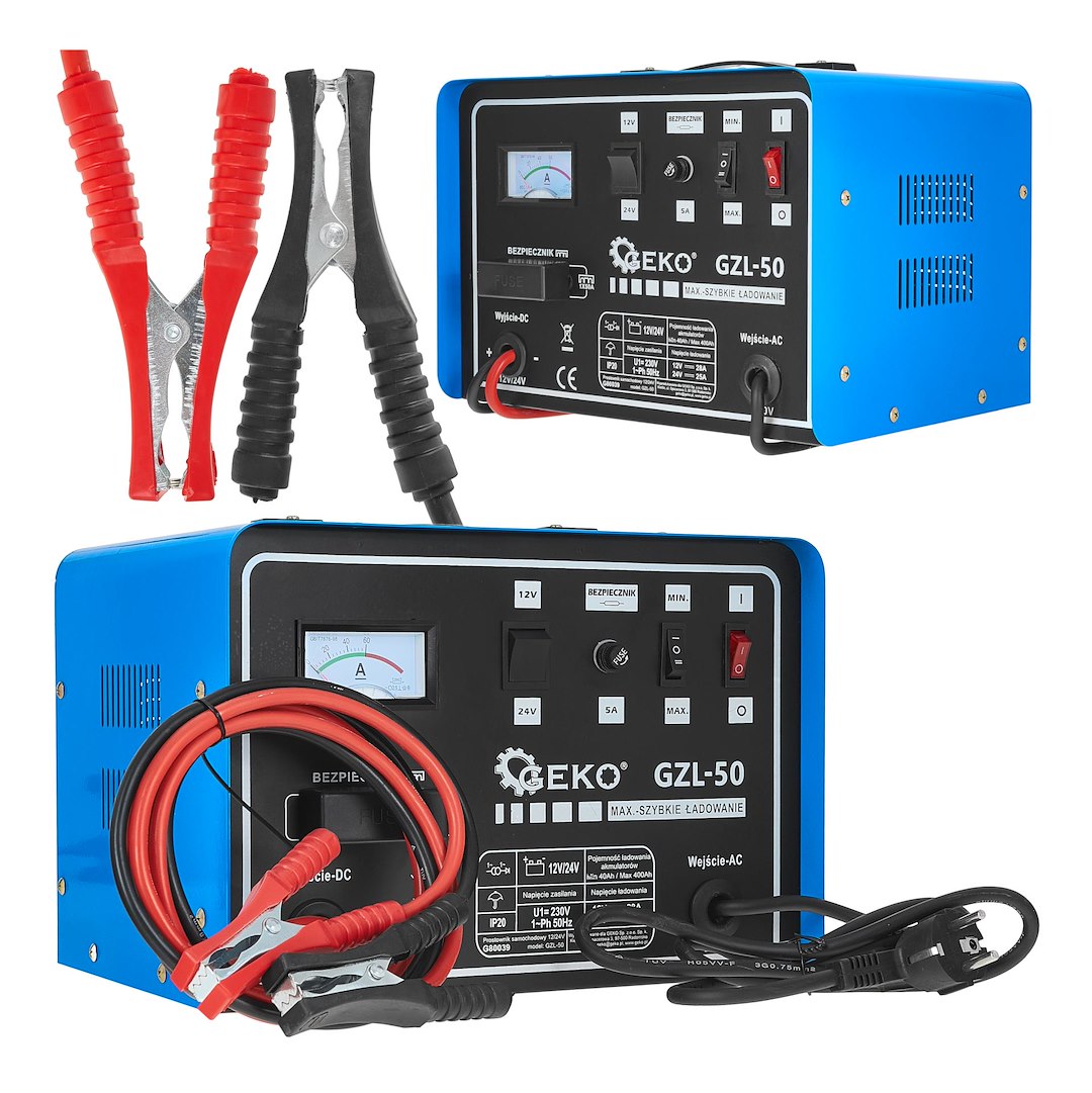 Prostownik samochodowy 12/24V GZL-50 GEKO z przewodami i uchwytem, metalowa obudowa, wskaźnik amperomierza