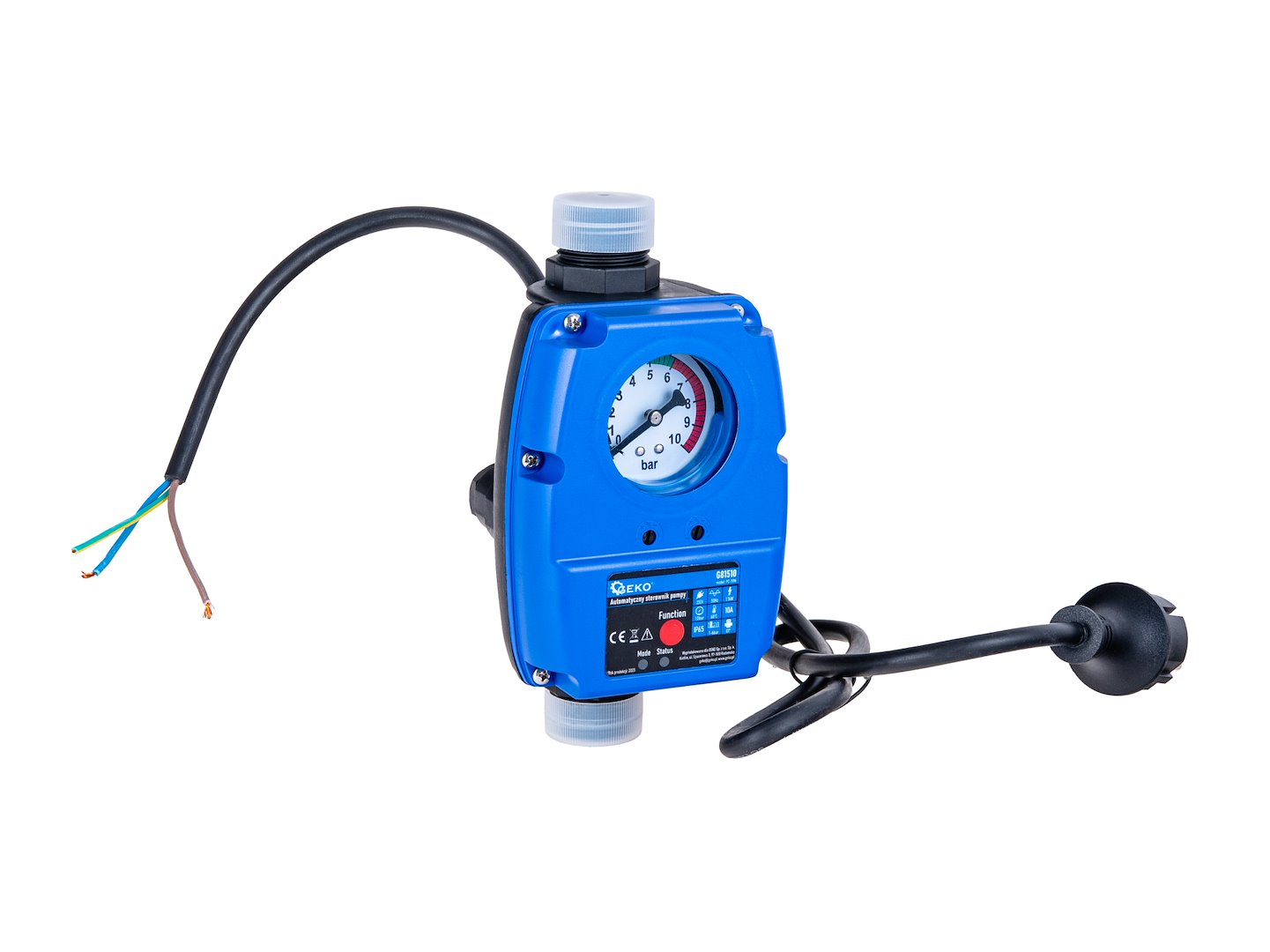 Sterownik automatyczny pompy PC-59N Geko z manometrem, wskaźnikami LED i przewodami do podłączenia