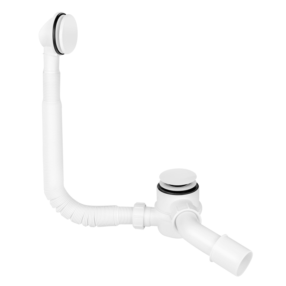 Biały syfon wannowy klik-klak z teleskopową rurką przelewową i mechanizmem otwierania od góry