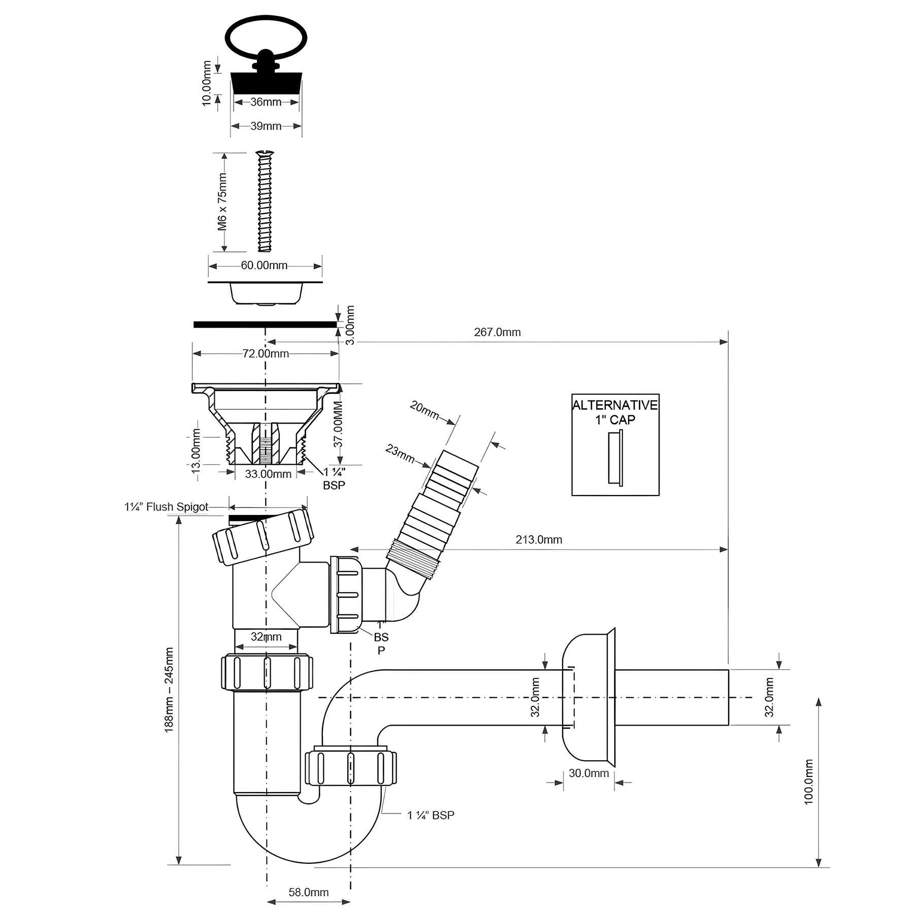 Schemat techniczny syfonu umywalkowego rurowego 5/4"x32 mm z wymiarami i elementami połączeń